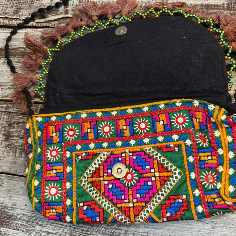 Multicolor Embroidered Rounded Flap Clutch - Green